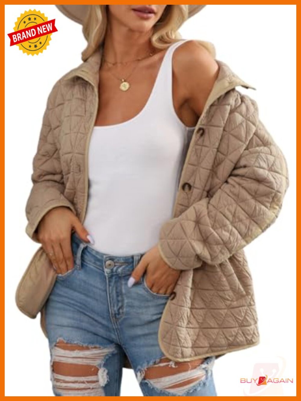 Lightweight Diamond Quilted Jacket Women Button Down Collared Coat